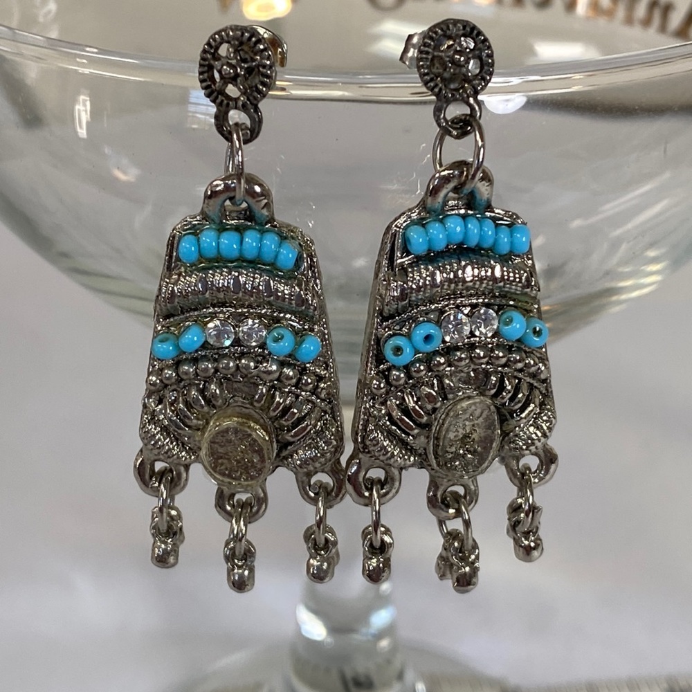 Ethnic tribal vibe silvertone earrings blue and rhinestone embellishment
